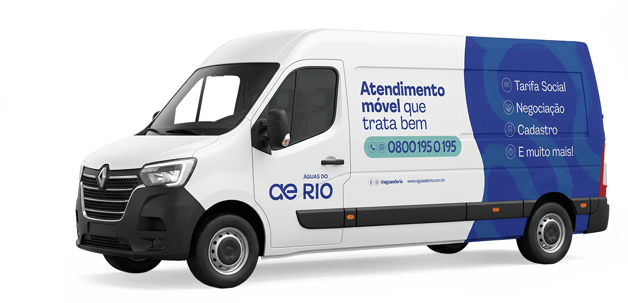 Van do atendimento móvel da Águas do Rio, com tarifa social, negociação e cadastro.